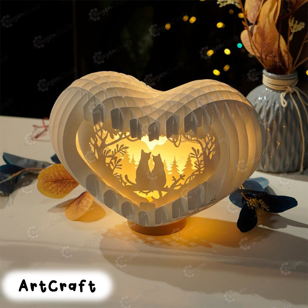 Cat Love Heart Pop up Card Light Box SVG Template Paper Cutting, 3D Heart Lighting - Globe Pop Up, Lamp Paper Heart Papercut DIY 3d pop up