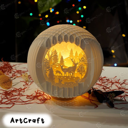 Deer Family Merry Christmas Sphere Popup 3D - Paper Cutting SVG Template - 3D Pop up Card - DIY Paper Cut Lamp, Christmas Paper Lanterns