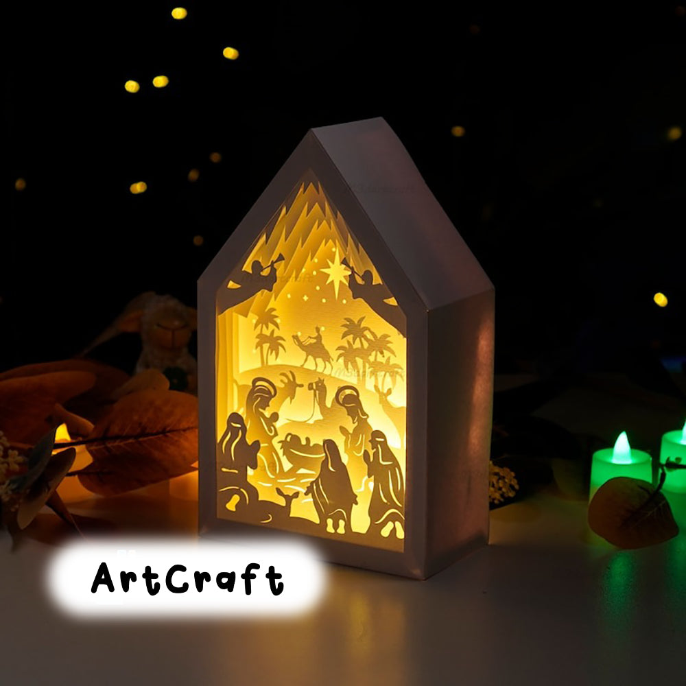 Nativity Scene Christmas Lanterns SVG Light Box - 3D Christmas Shadow Box, Xmas Decorations Craft, Paper Cut Template, Paper box frames svg