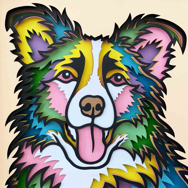 Colorful Border Collie 3D Layered SVG/ 3D Dog Shadow Box/ Dog Mandala 3D SVG/ Pet 3D Cardstock/ SVG File For Cricut/ Multilayer For Laser/