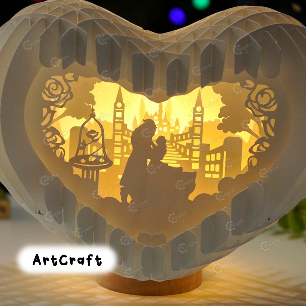 Beauty and Beast Heart Pop up Card 3D Light Box SVG Template for Cricut Projects, Valentin Heart Lanterns Shadow Box, 3d heart svg