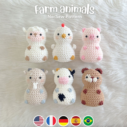 No sew 6in1 Chubby Farm Animals Crochet Pattern Bundle, Dog Sheep Cow Chicken Pig Goat Plushie Amigurumi PDF File Tutorial