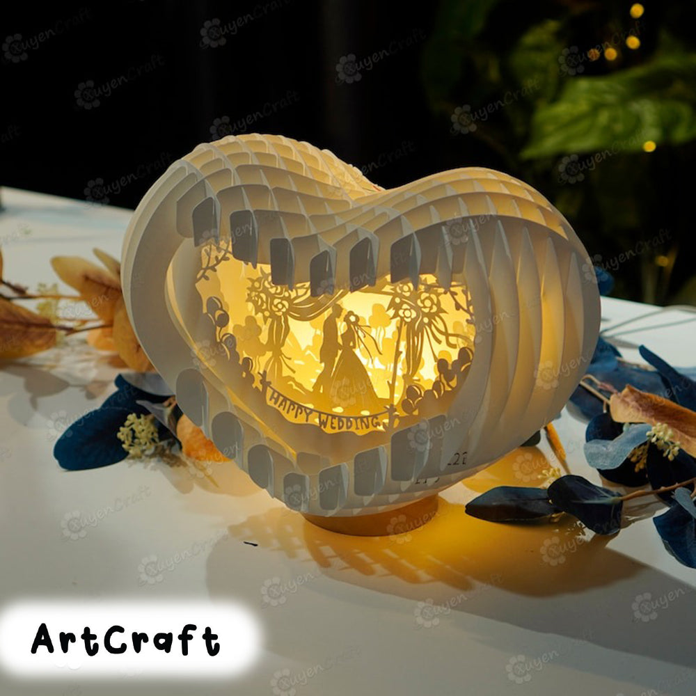 Happy Wedding Heart Pop up Card 3D Light Box SVG Template, Paper Cutting, 3D Heart Lighting Shadow box - Globe Popup, DIY wedding day gift