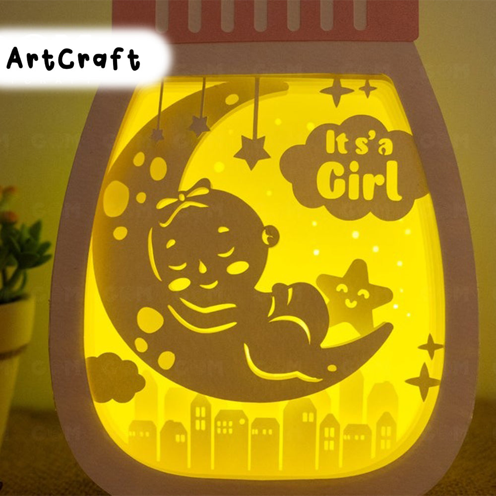 Baby Girls bottle Shadow Box SVG - Paper Cut Template - Light Box SVG File - DIY Paper Lanterns