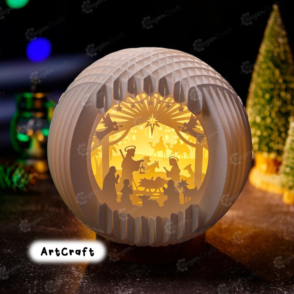 Version 02 Nativity Scene Sphere Pop Up SVG, Silhouette Studio Templates, Christmas Snowball Pop Up Lightbox 3D Papercut - Christmas Lantern