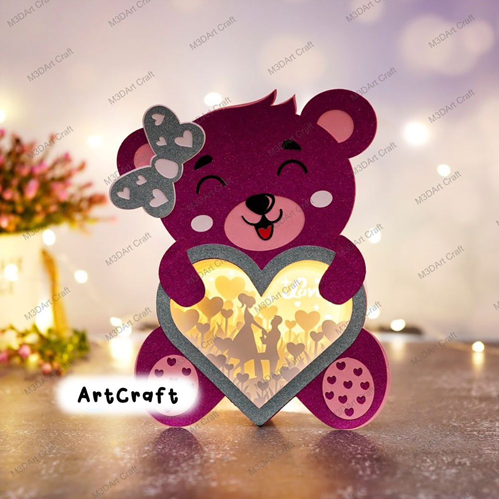 Pack 3 Teddy Bear Heart Lanterns Shadow Box SVG Template for Diy valentines crafts - Mickey Love, Proposing Couple Lightbox Paper Cut