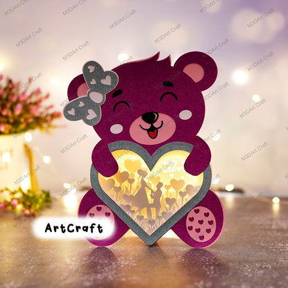 Pack 3 Teddy Bear Heart Lanterns Shadow Box SVG Template for Diy valentines crafts - Mickey Love, Proposing Couple Lightbox Paper Cut