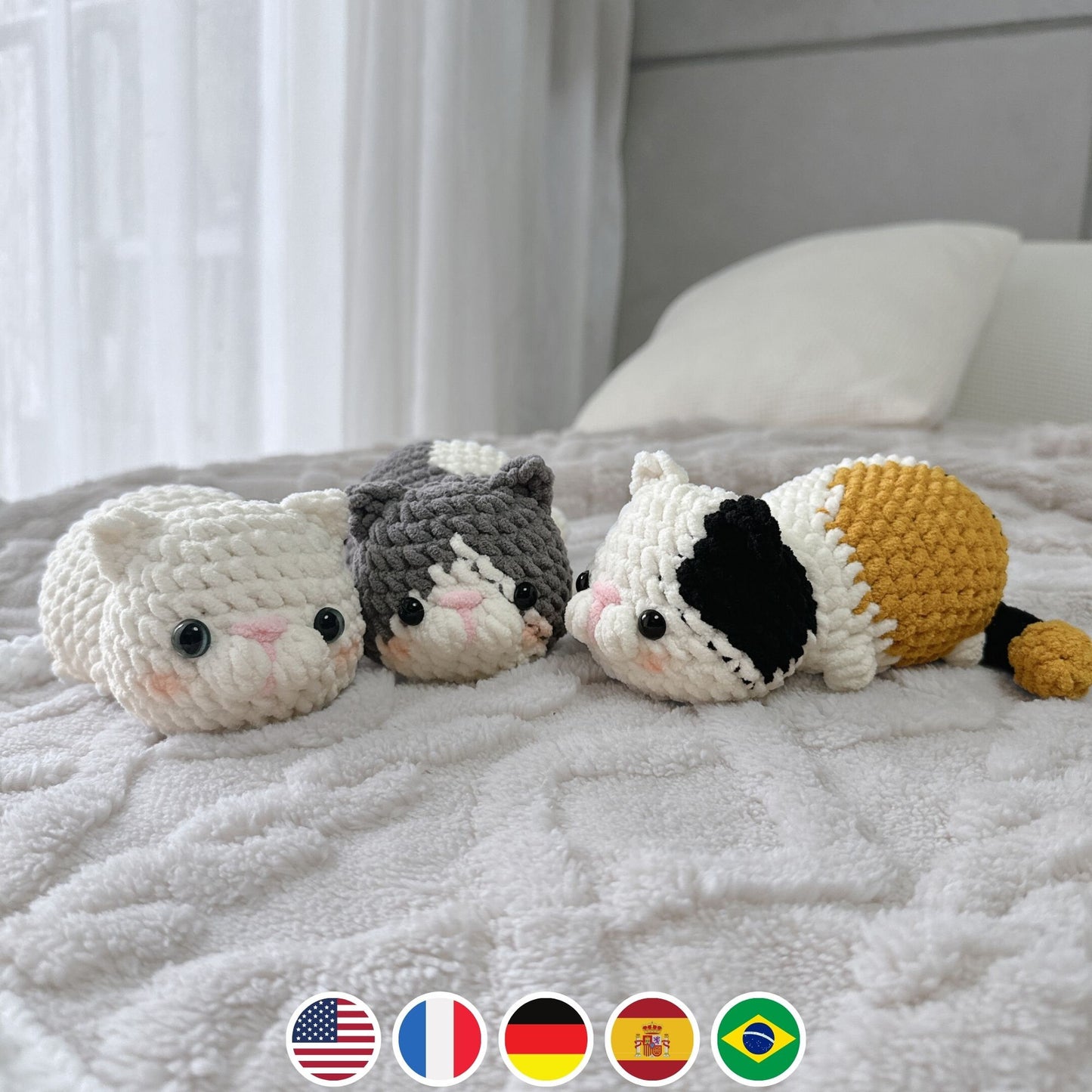 Bundle 3in1 Lazy Munchkin Cat Crochet Pattern, Low-sew Plushie Amigurumi PDF File Tutorial in English Deutsch Français Español Português