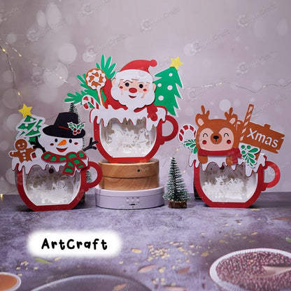 Pack 3 Christmas Hot Cocoa Shadow Box SVG Light Box for Cricut Projects, Cameo, ScanNcut... DIY Christmas Lantern Santa, Snowman, Reindeer