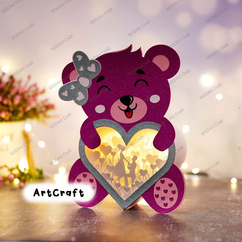 Pack 3 Teddy Bear Heart Lanterns Shadow Box SVG Template for Diy valentines crafts - Mickey Love, Proposing Couple Lightbox Paper Cut