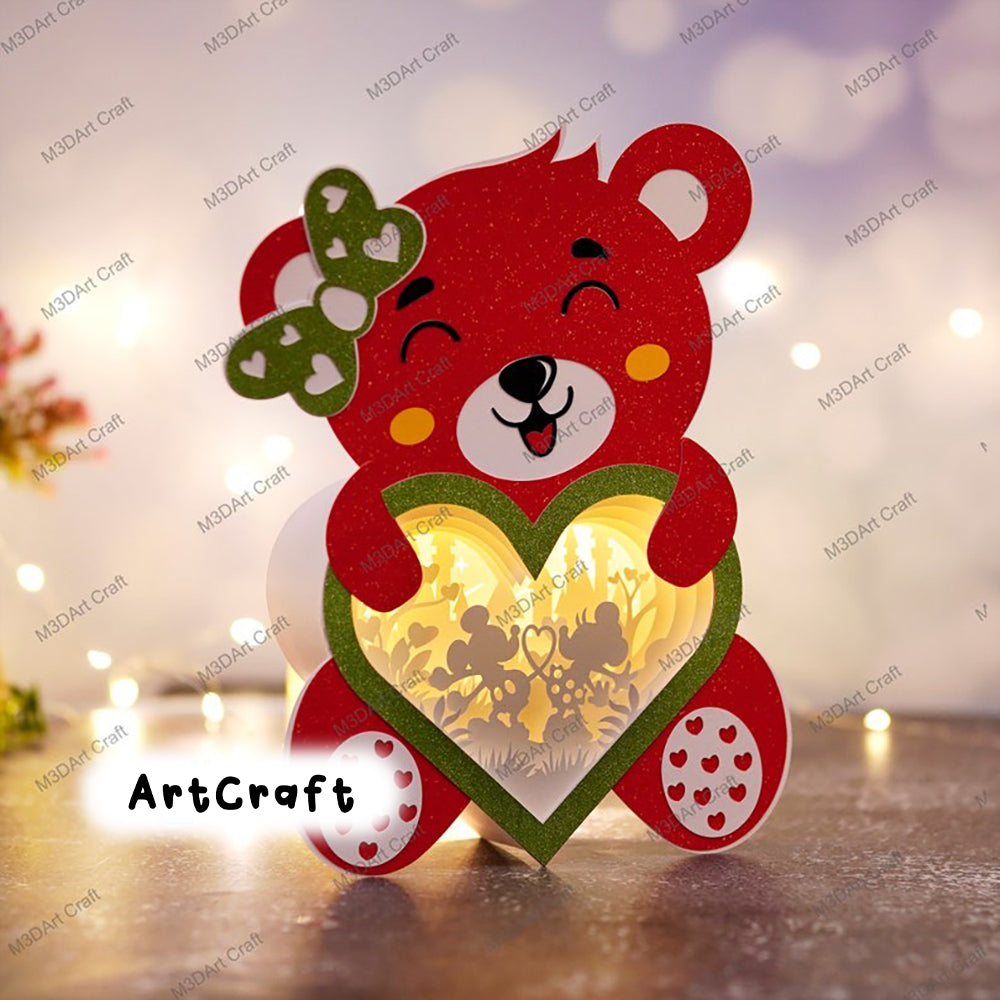 Pack 3 Teddy Bear Heart Lanterns Shadow Box SVG Template for Diy valentines crafts - Mickey Love, Proposing Couple Lightbox Paper Cut