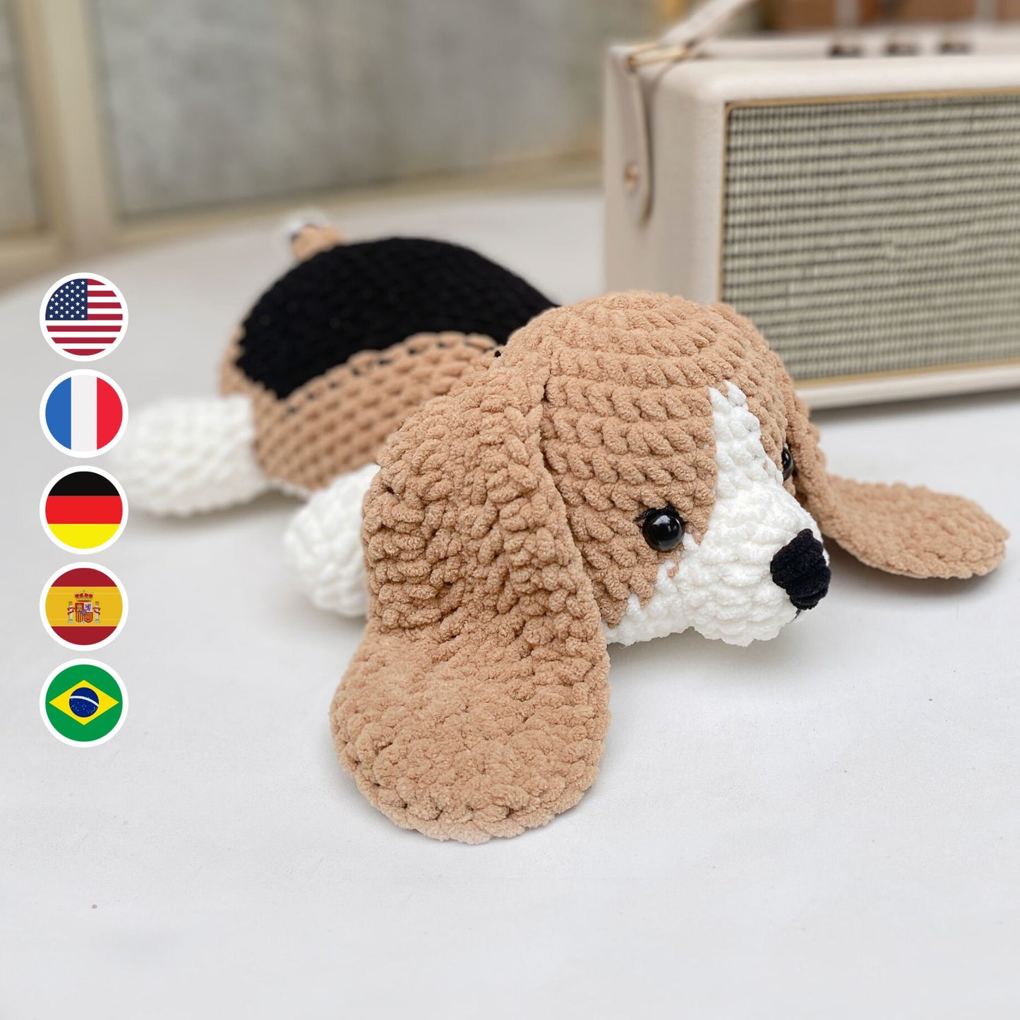 Crochet Pattern Beagle Dog, Amigurumi Puppy, Plushie Velvet Yarn, PDF File Tutorial English Deutsch Français Español Português