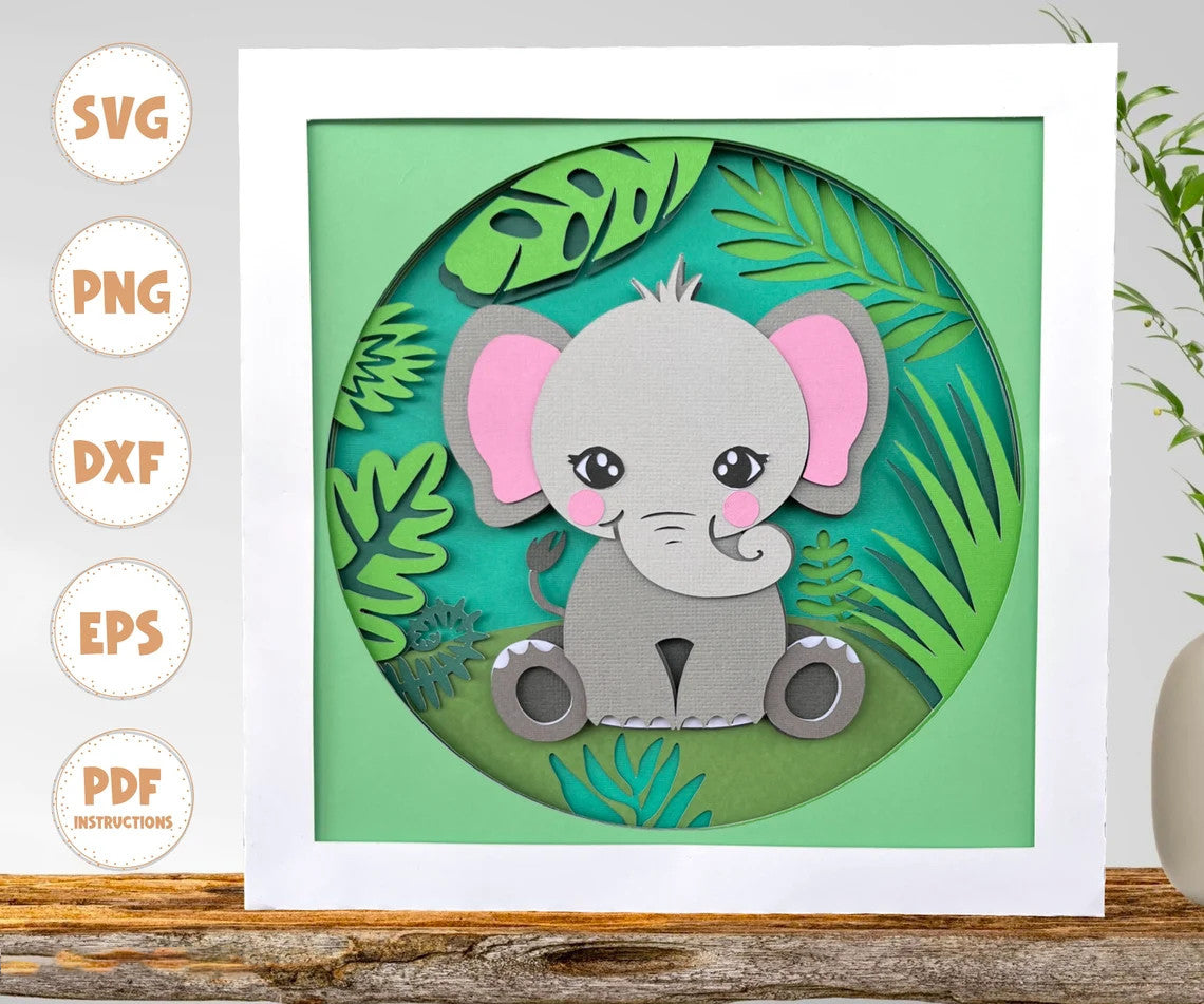 Elephant shadow box svg, shadow box svg, 3d svg, layered svg, elephant svg