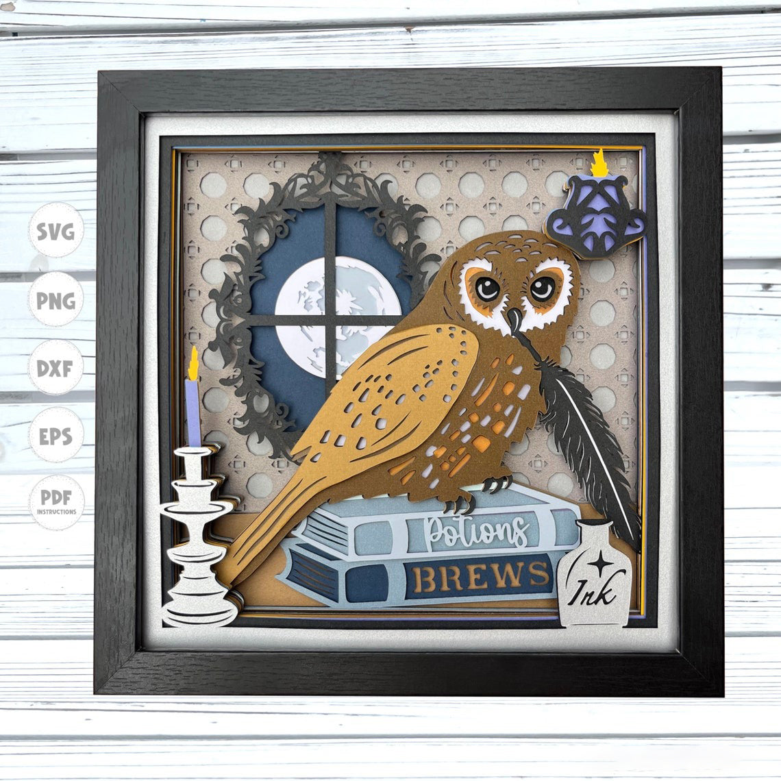 3d Owl Potion Books Shadow Box svg, 3d Mystical svg, Magic svg, 3d Layered svg, Owl shadow box svg, Svg files for Cricut, Cricut projects