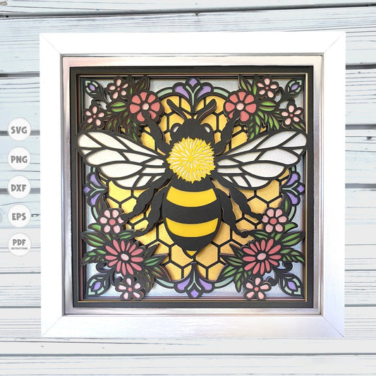 Bee Stained Glass Shadow Box svg, Bee Shadow Box svg, Flower Shadow Box svg, 3d Layered svg, Cricut Projects, Spring Shadow Box svg