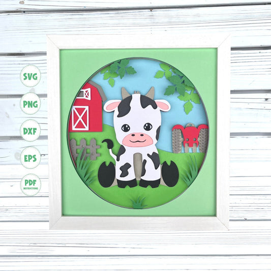 3d Cow Farm shadow box svg, 3d Cute Cow svg, Baby Cow Svg, Farm svg, 3d Layered svg, Cardstock svg, Svg files for Cricut, 3d svg