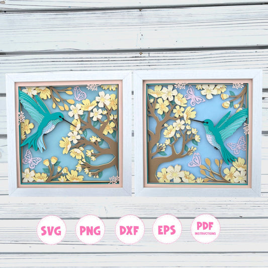 3d Hummingbird scene shadow box svg bundle, 3d Layered svg, Spring Shadow box svg 3d Blossom svg, Svg files for Cricut, 3d svg, papercut