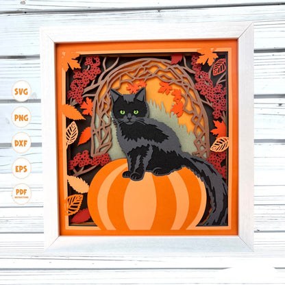 3d Fall Cat Scene shadow box svg, 3d Fall Shadow box svg, 3d Layered svg, 3d Pumpkin svg, Card stock svg, Svg files for Cricut, Fall Decor