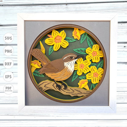 3d Carolina Wren shadow box svg, Bird shadow box svg, Wren svg, 3d Layered svg, Cricut Projects, Svg files for Cricut, 3d svg, Cardstock svg