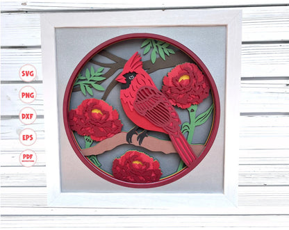 3d Cardinal with Carnations Shadow box svg, Bird shadow box svg, 3d Layered svg, Svg files for Cricut, Cricut Projects, 3d svg, Ohio svg