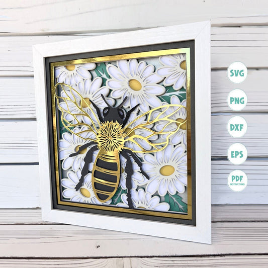 3d Bee and Daisies shadow box svg, 3d Bee shadow box svg, 3d Daisy shadow box svg, 3d svg, 3d layered svg, Mandala svg, Svg files for Cricut