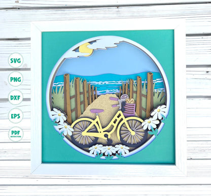 3d Beach Bicycle shadow box svg 3d Beach svg 3d Layered svg files for Cricut Cardstock svg 3d Mandala svg Paper cut svg Beach scene svg