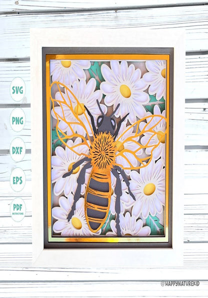 3d Bee and Daisies shadow box svg, 3d Bee shadow box svg, 3d Daisy shadow box svg, 3d svg, 3d layered svg, Mandala svg, Svg files for Cricut