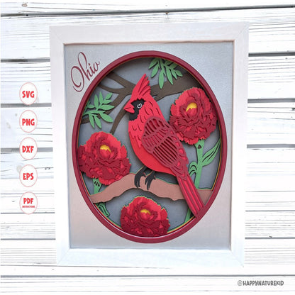 3d Cardinal with Carnations Shadow box svg, Bird shadow box svg, 3d Layered svg, Svg files for Cricut, Cricut Projects, 3d svg, Ohio svg